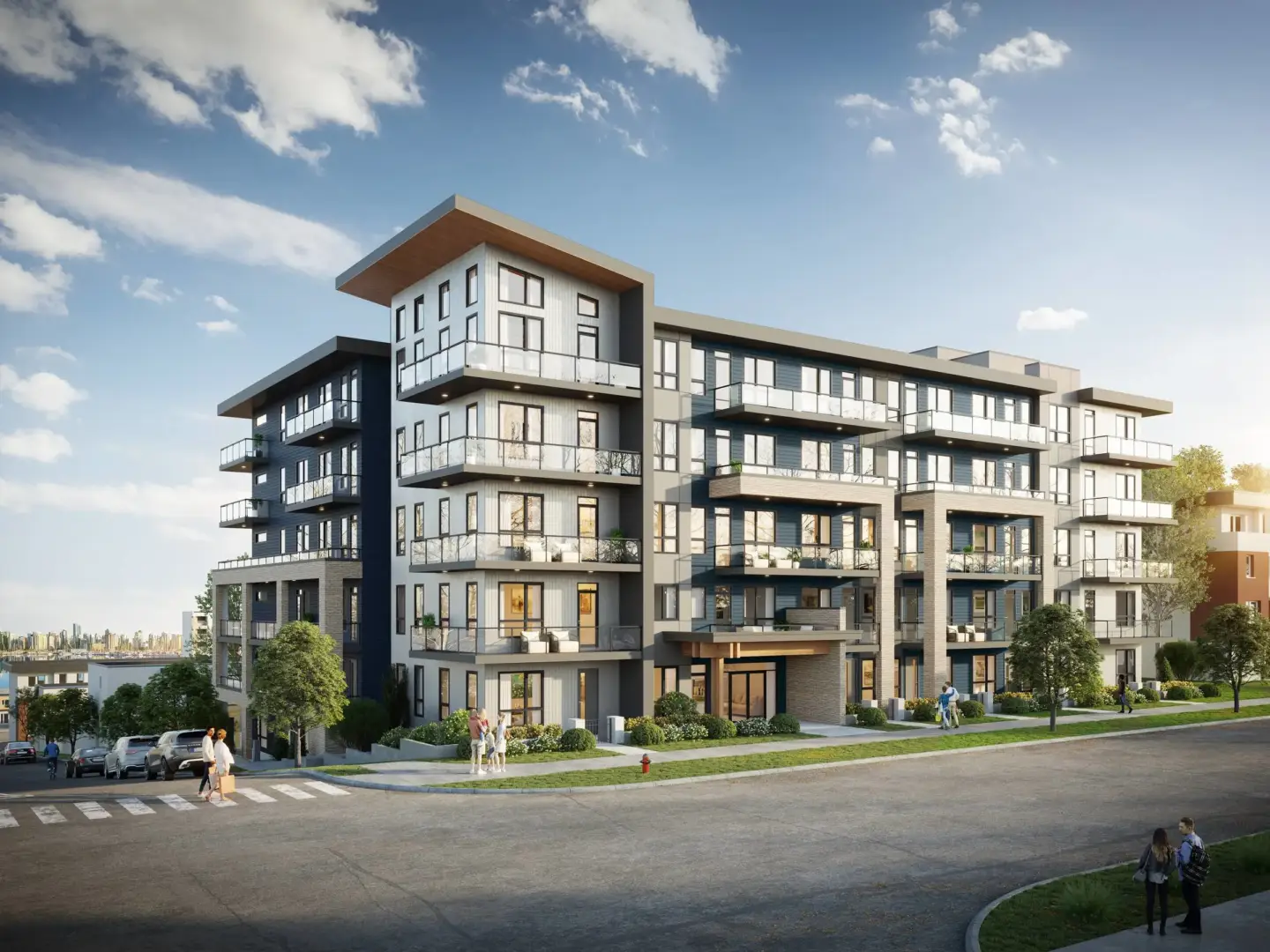 Best 3D Rendering Companies in Miami & South Florida for Luxury Real Estate in 2026 Mid rise apartment 3D rendering Miami with balconies, street corner, and residential setting