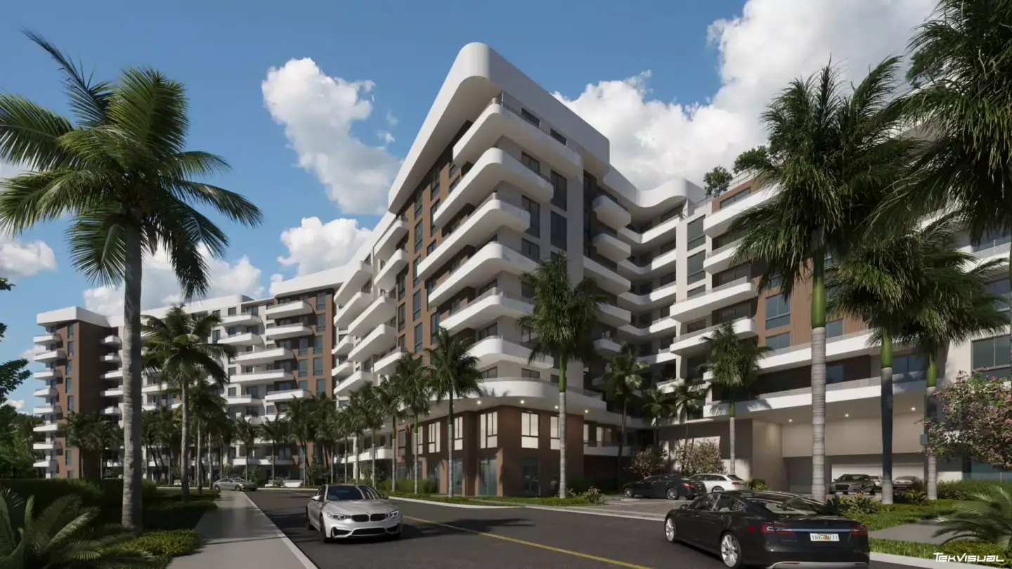 Best 3D Rendering Companies in Miami & South Florida for Luxury Real Estate in 2026 Modern condo building 3D rendering Miami with curved balconies, palm trees, and street view