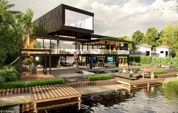Best 3D Rendering Companies in Miami & South Florida for Luxury Real Estate in 2026 Luxury waterfront home 3D rendering Miami with pool, deck seating, and modern glass architecture