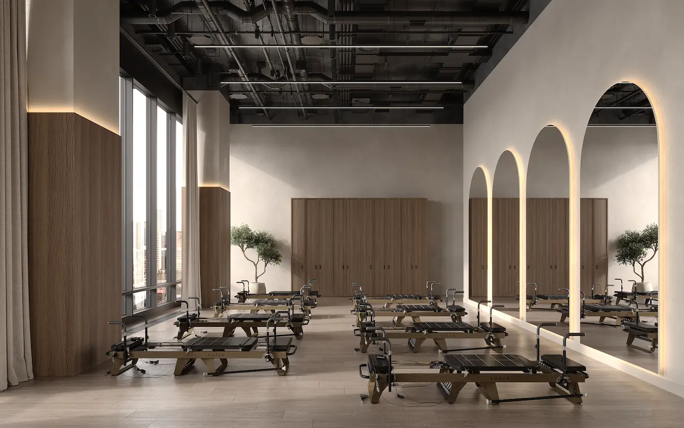Outsourcing 3D Rendering: What It Really Costs and How to Choose a Studio Pilates studio with reformers, tall windows, and arched mirrors, 3D rendering outsourcing