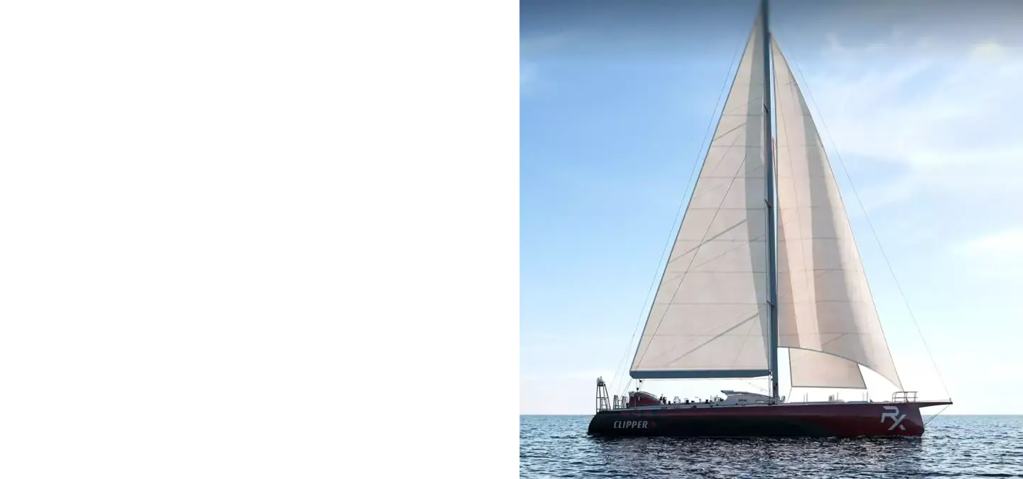Sailing yacht with large white sails on open sea under blue sky, 3D rendering visualization