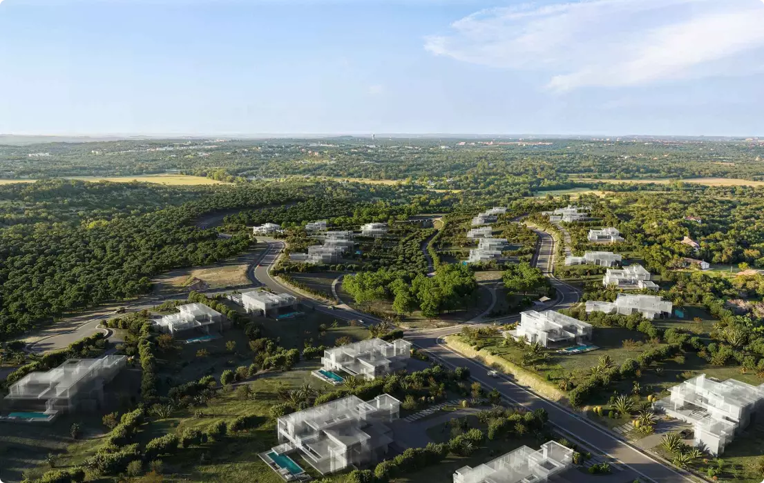 3D Residential Rendering of aerial villa community with roads, pools, trees, and distant landscape