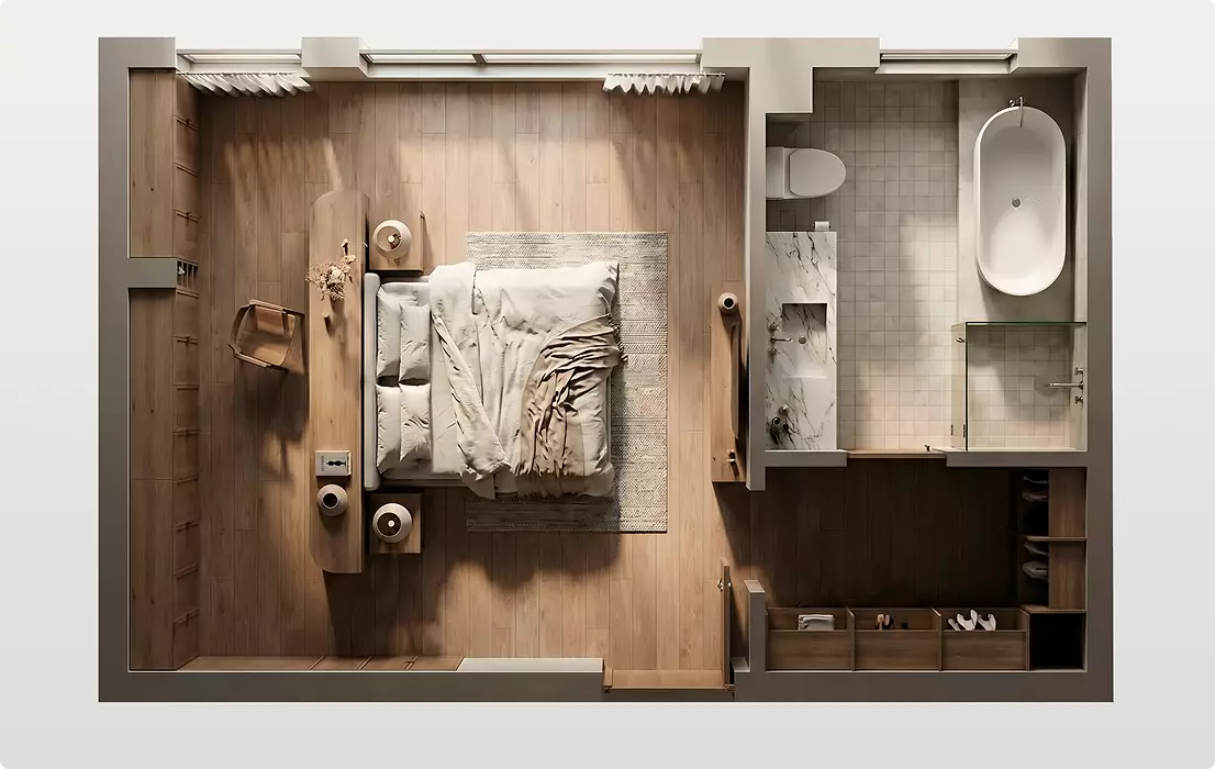 3D Residential Rendering of top-down bedroom and bathroom layout with wood flooring, bed, tub, and storage