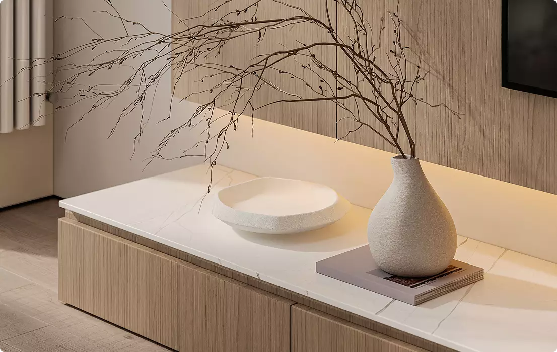 3D Residential Rendering of wood console with marble top, ceramic vase, branches, bowl, and warm light