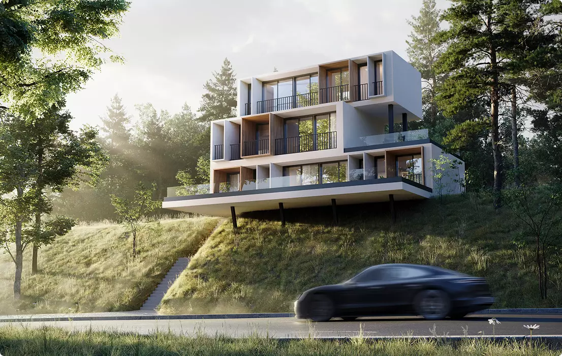 3D Residential Rendering of modern hillside apartment building with balconies, trees, and passing car