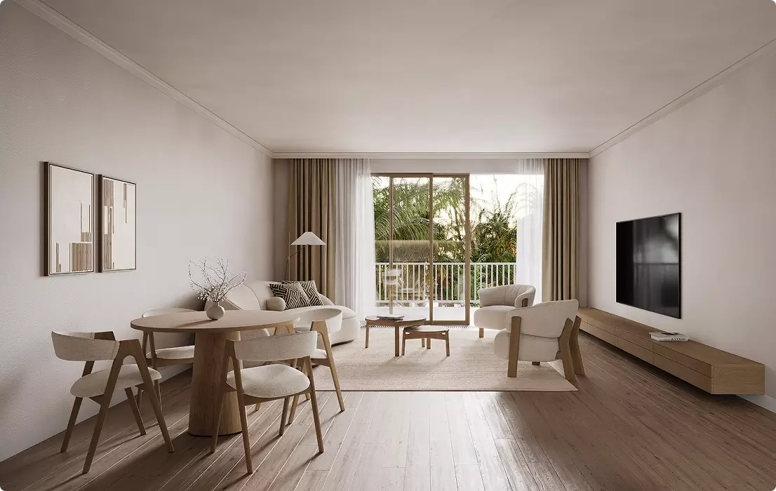 3D Residential Rendering of open living and dining room with wood floors, balcony, and wall TV