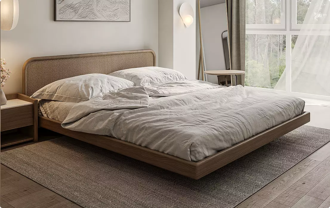 3D Residential Rendering of a modern bedroom with wood bed, gray bedding, rug, and large window