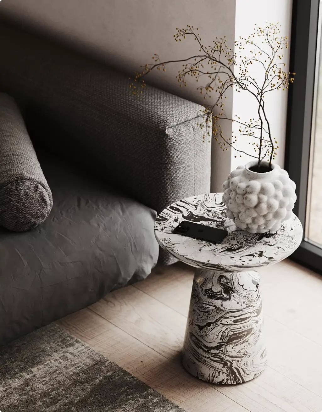3D Residential Rendering Services with textured bedside table and sculptural ceramic vase