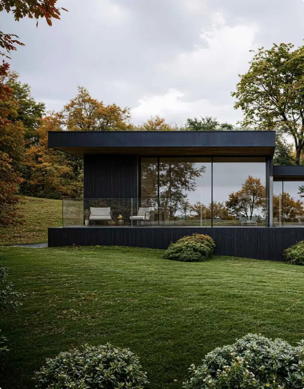 3D Residential Rendering Services for black modern house with glass facade and autumn lawn