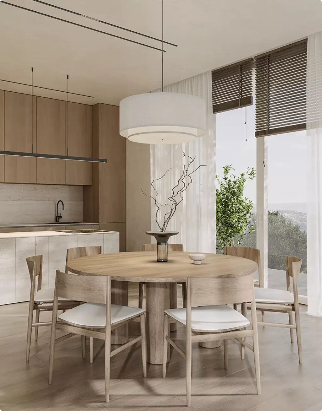 3D Residential Rendering Services for bright dining room with wood furniture and large windows