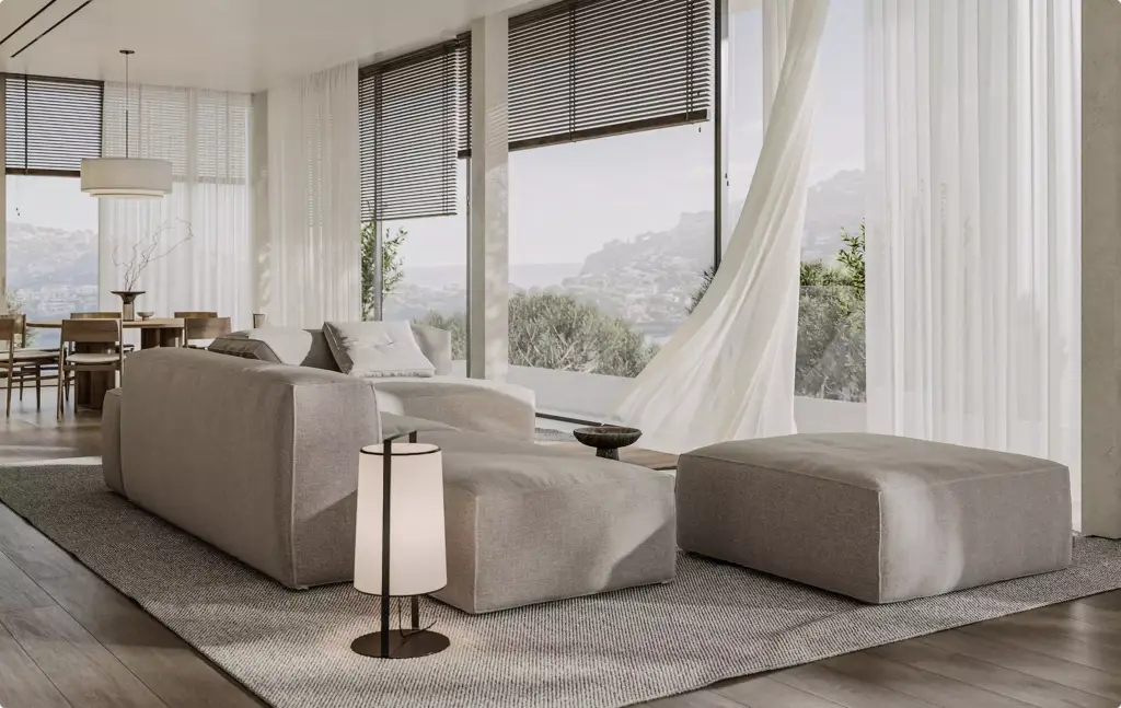 3D Residential Rendering Services showing bright living room with panoramic windows and soft curtains
