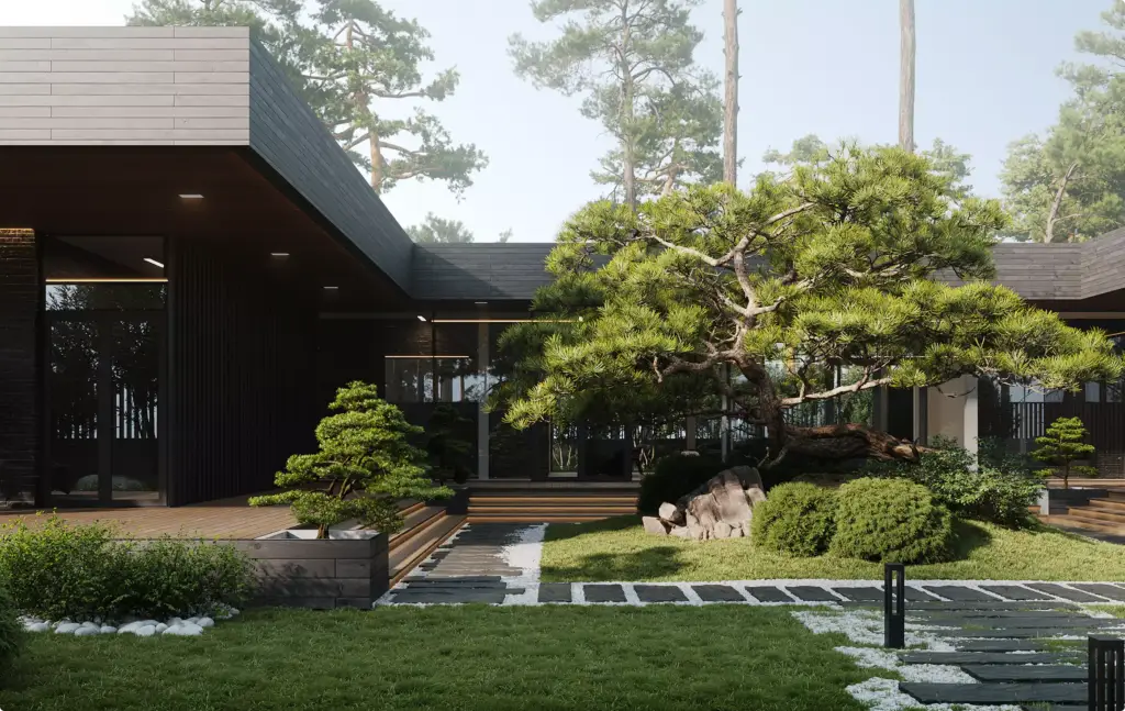 3D Residential Rendering Services for modern courtyard house with bonsai garden and stone pathway