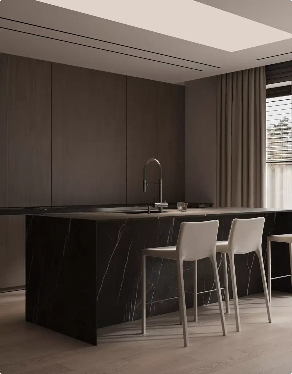 3D Residential Rendering Services for dark modern kitchen with marble island and bar stools