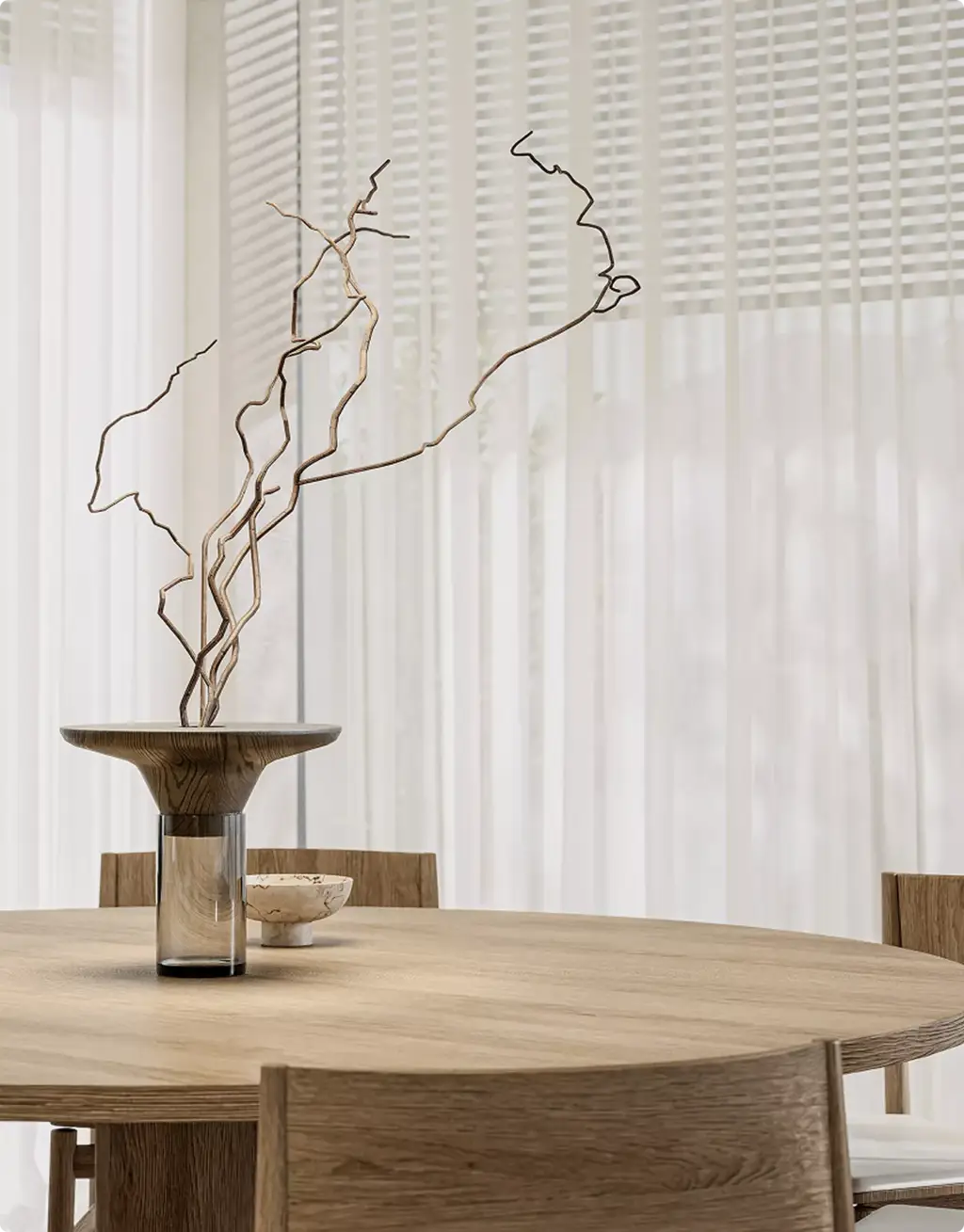 3D Residential Rendering Services featuring decorative vase on round dining table by sheer curtains