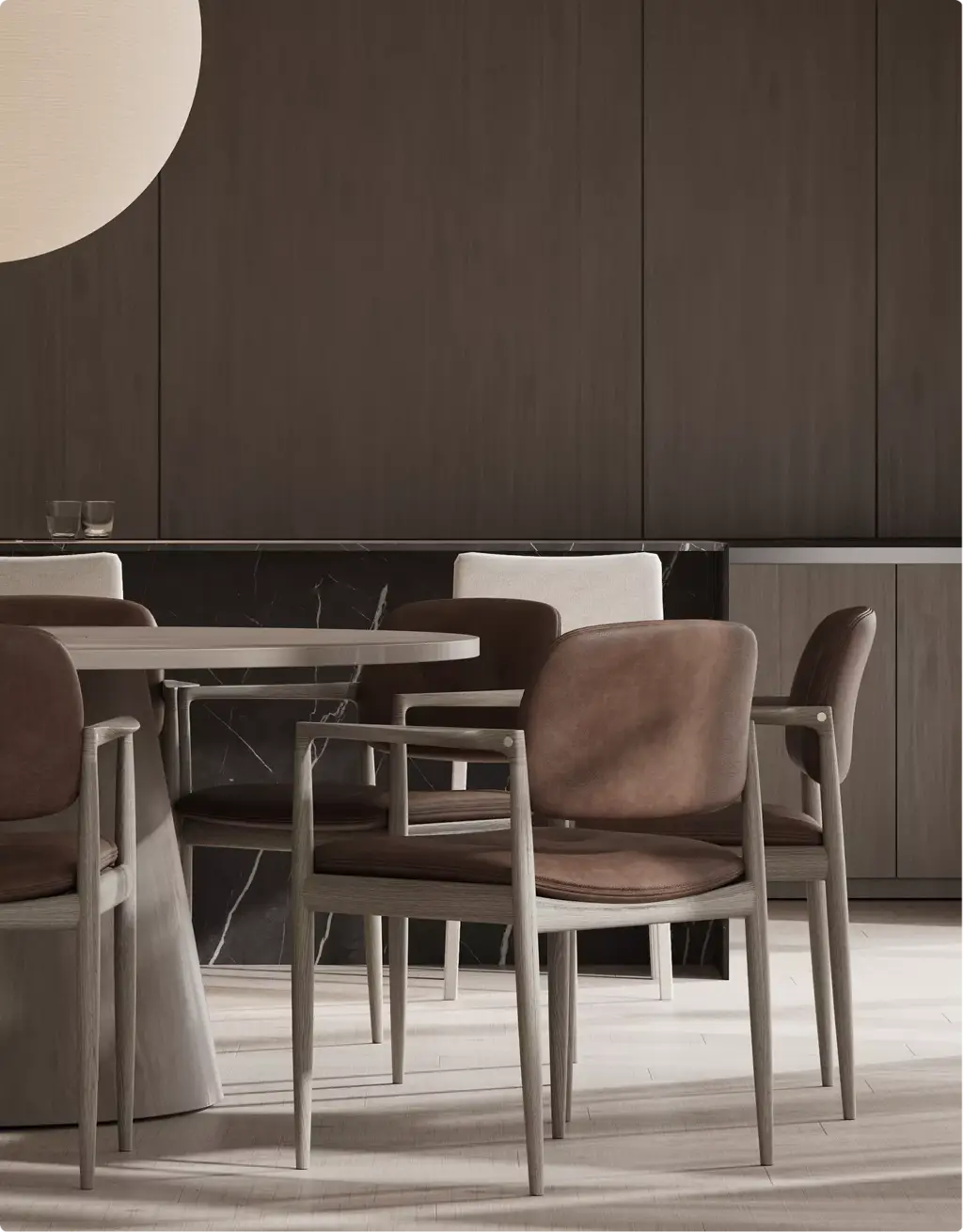 3D Residential Rendering Services for dark wood dining room with modern upholstered chairs