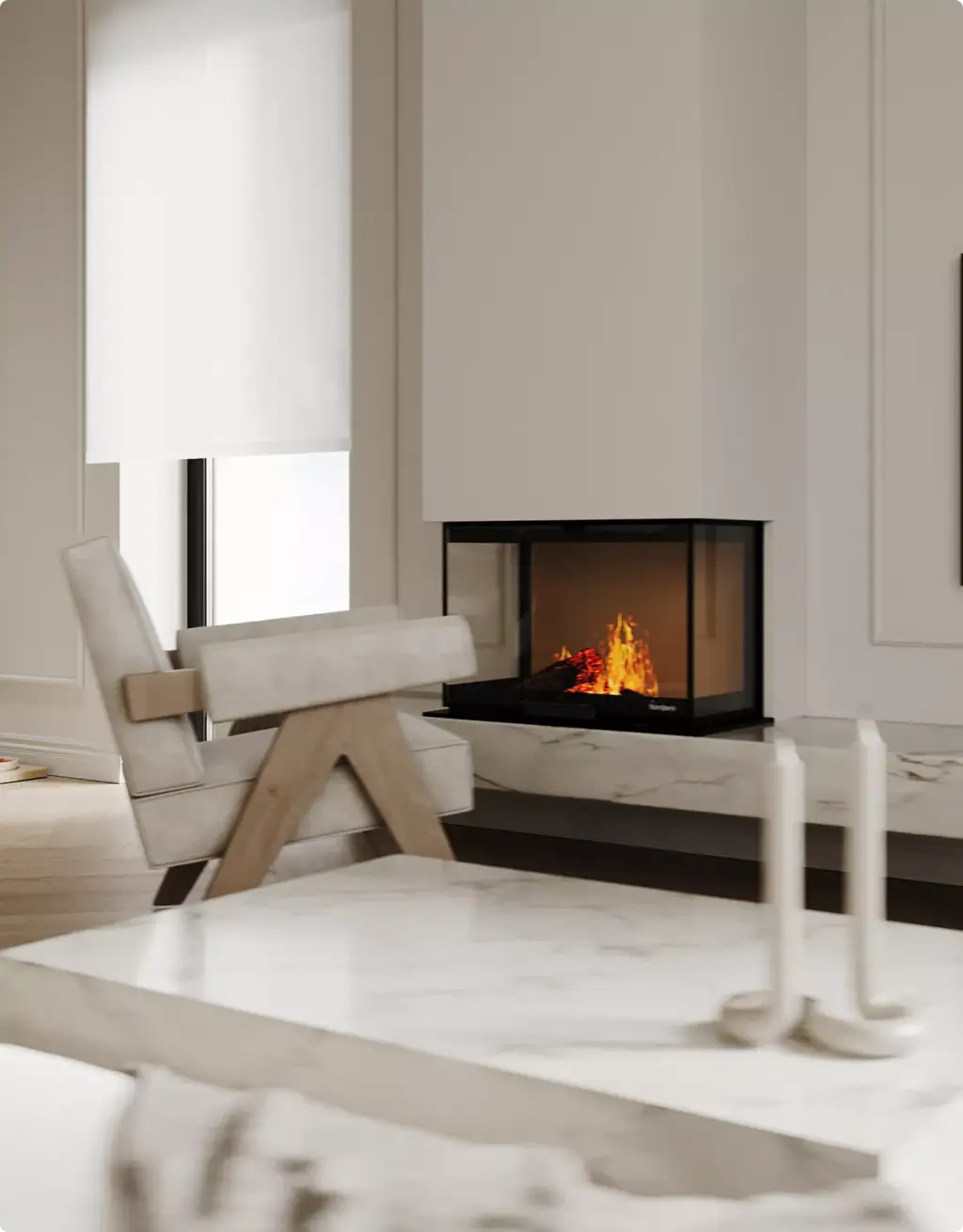 3D Residential Rendering Services with modern fireplace corner and minimalist lounge chair