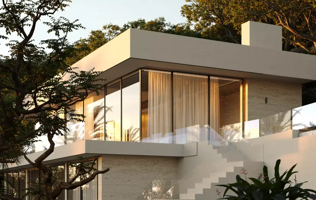 3D Residential Rendering Services featuring modern villa with glass facade at sunset
