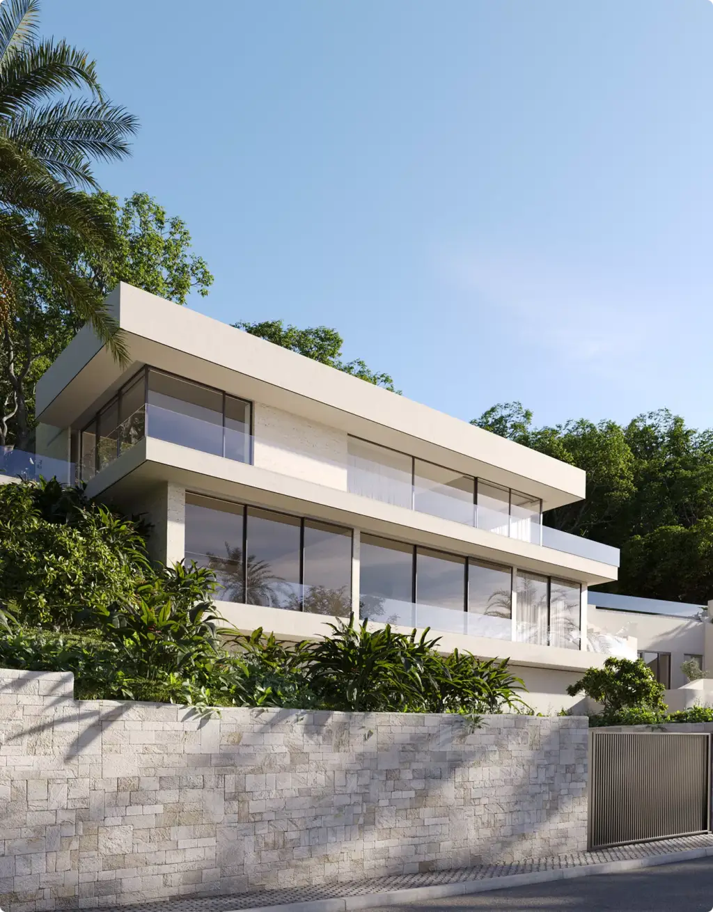 3D Residential Rendering Services showing modern hillside villa with glass balconies and greenery
