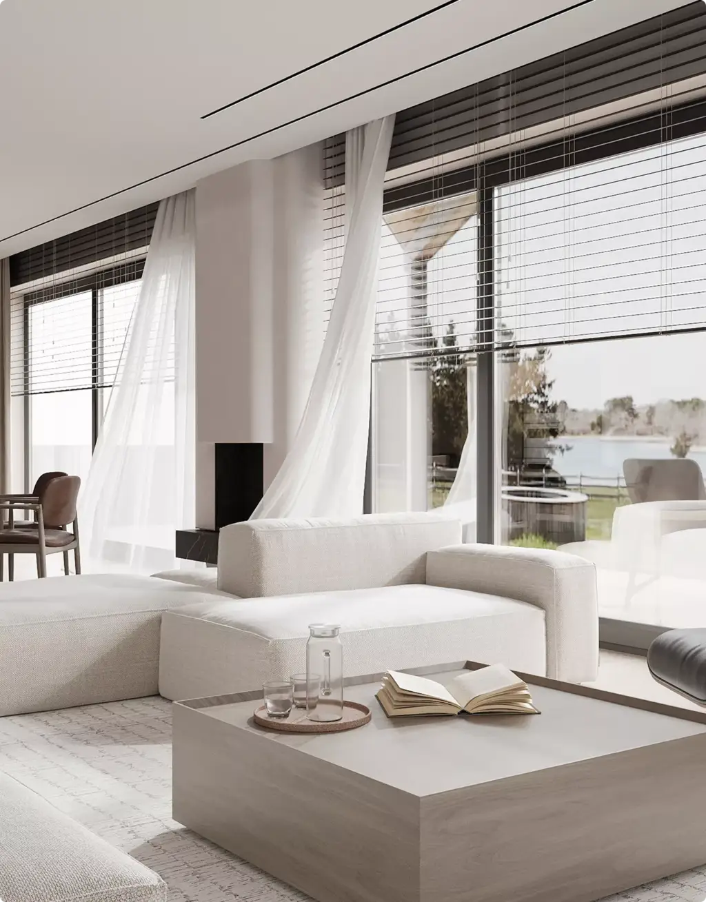 3D Residential Rendering Services showing airy living room with white sectional and lake view