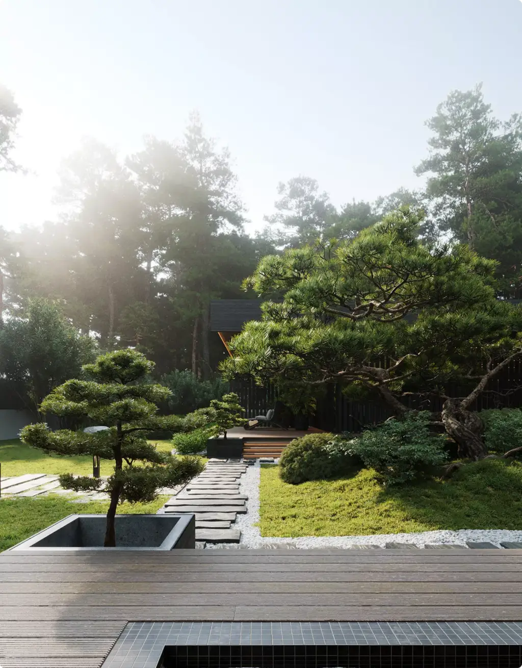 3D Residential Rendering Services with landscaped garden, stone path, and pine trees