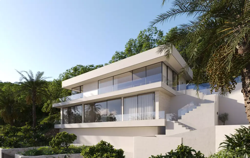 3D Residential Rendering Services for white luxury villa with panoramic glass balconies