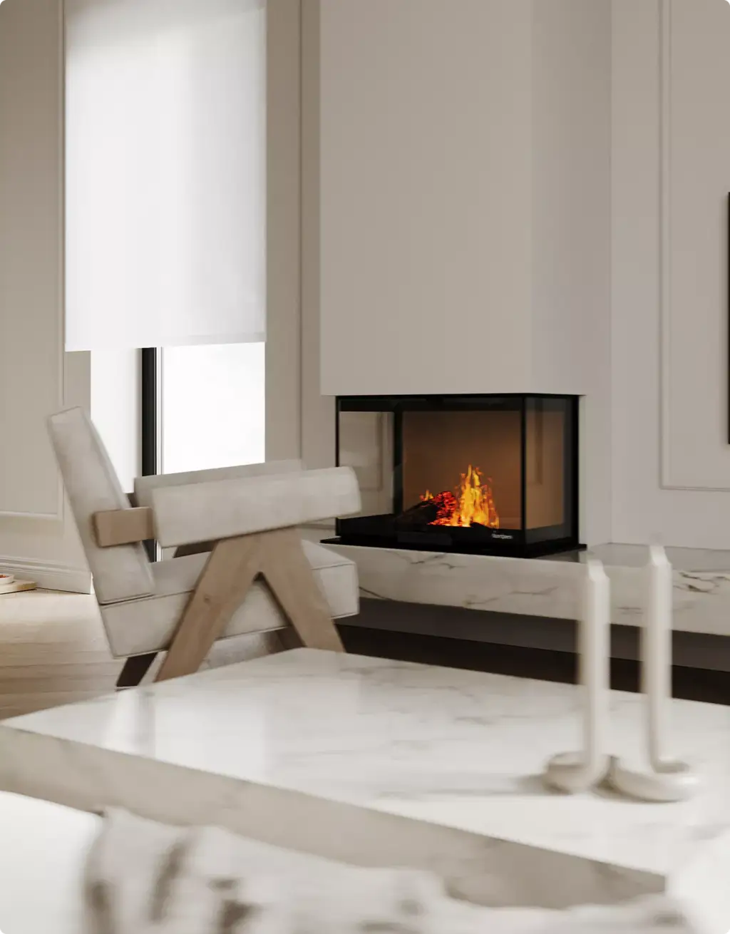 3D Residential Rendering Services featuring minimalist fireplace and marble interior details
