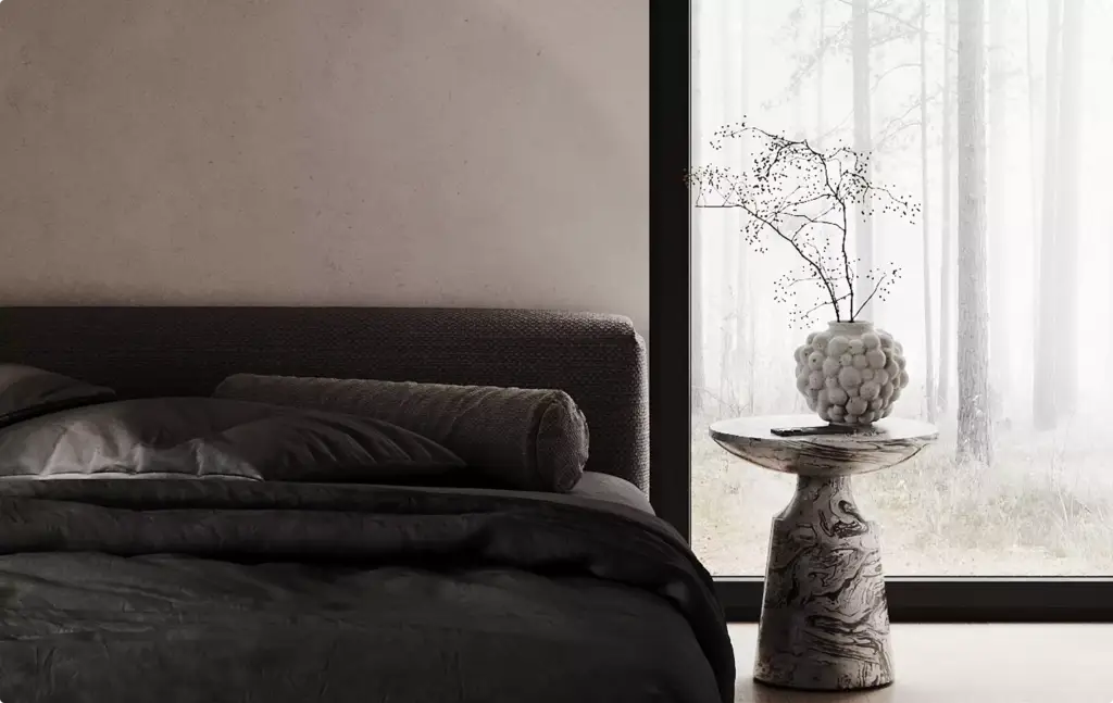 3D Residential Rendering Services featuring minimalist bedroom with marble side table and forest view