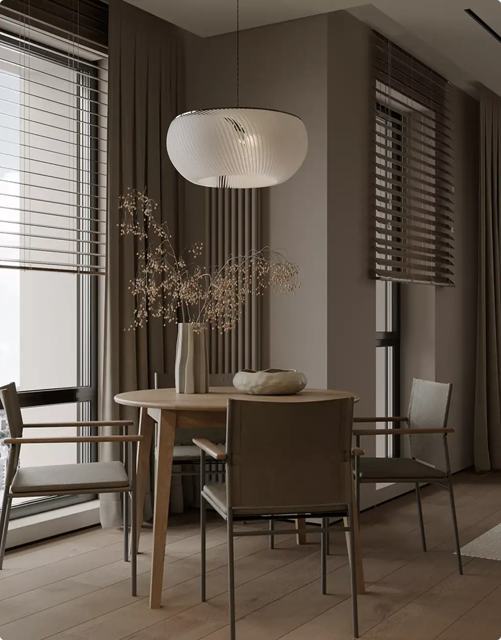 3D Residential Rendering Services showing minimalist dining room with wood blinds and pendant lamp