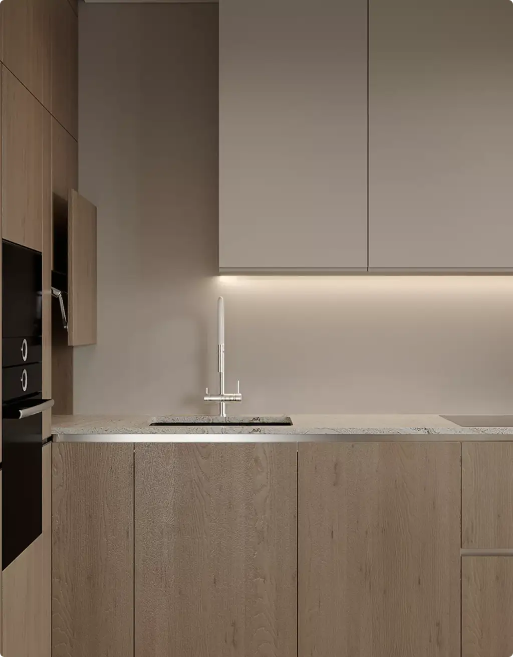 3D Residential Rendering Services for minimalist kitchen with wood cabinets and marble countertop