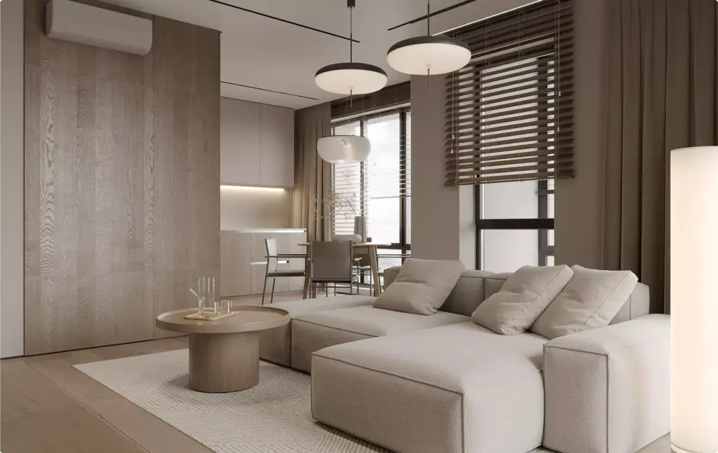 3D Residential Rendering Services showing minimalist living room with beige sectional sofa