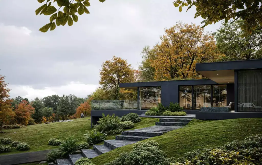 3D Residential Rendering Services for modern black house with landscaped garden and glass facade