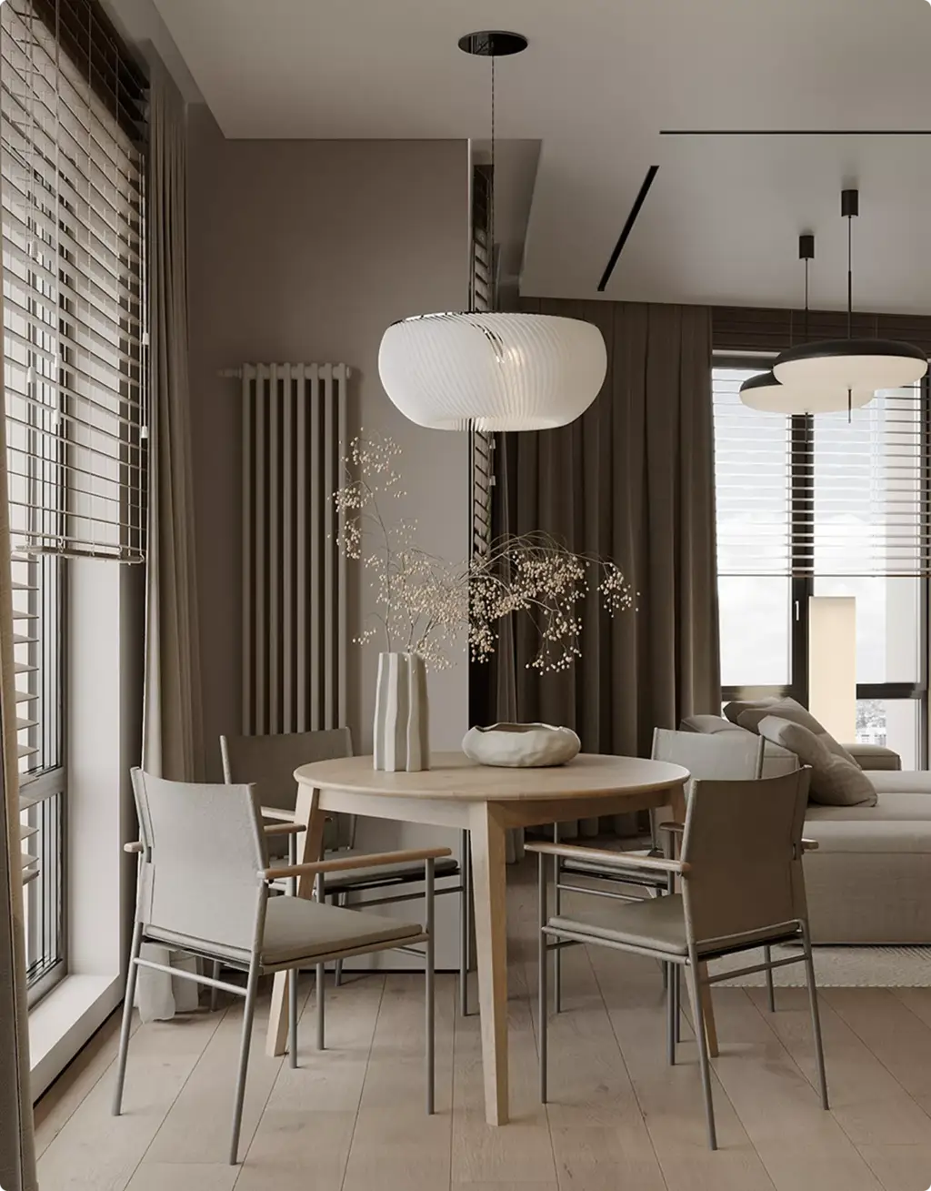 3D Residential Rendering Services for modern dining area with round table and pendant lighting
