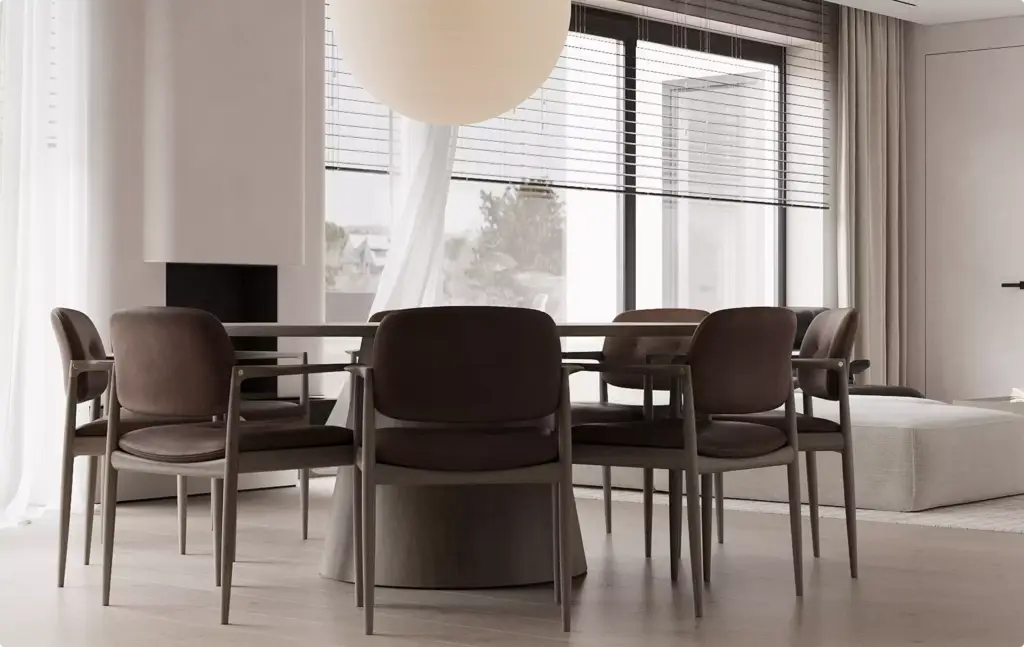 3D Residential Rendering Services for modern dining room with dark chairs and large windows