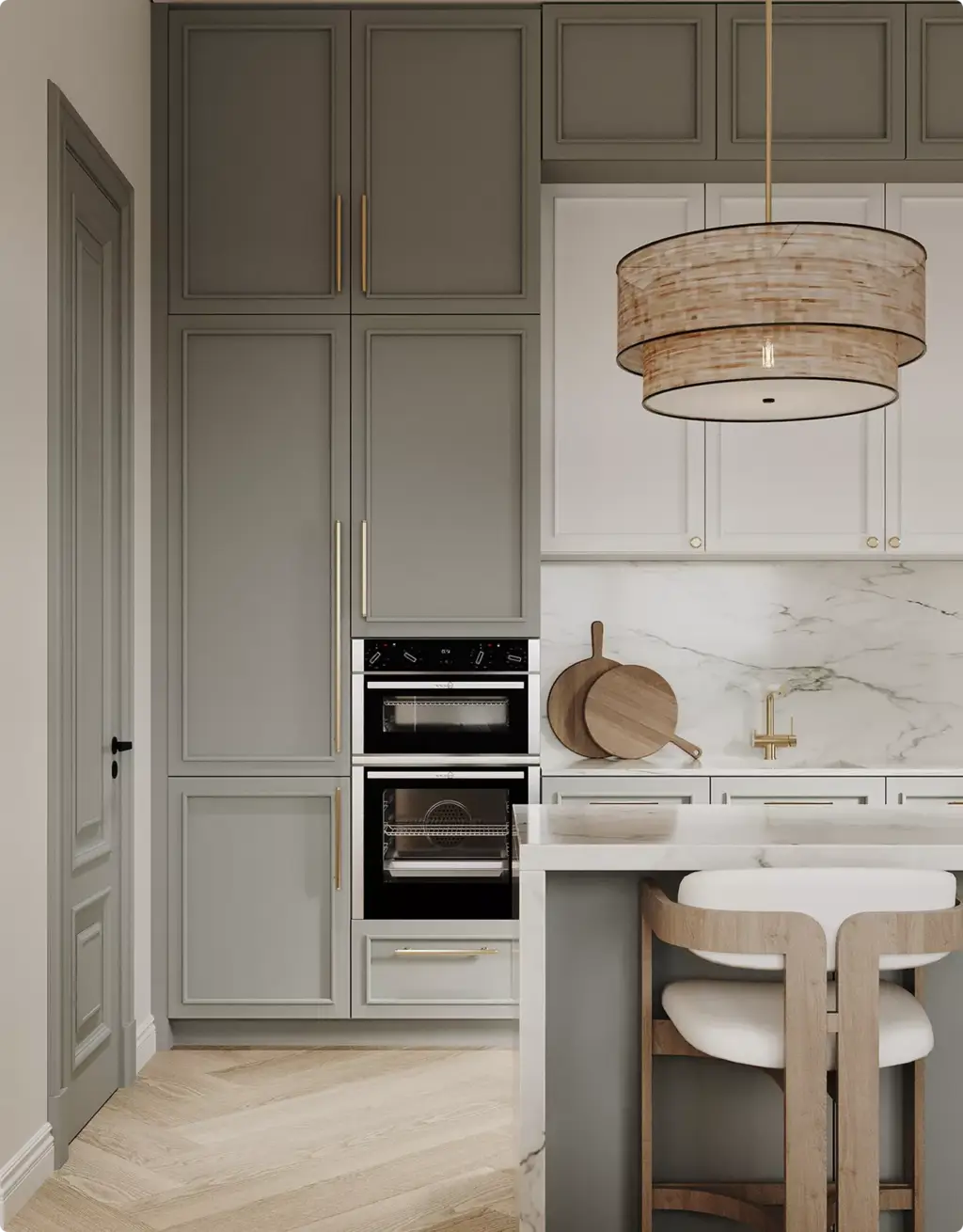 3D Residential Rendering Services for elegant kitchen with marble island and pendant light