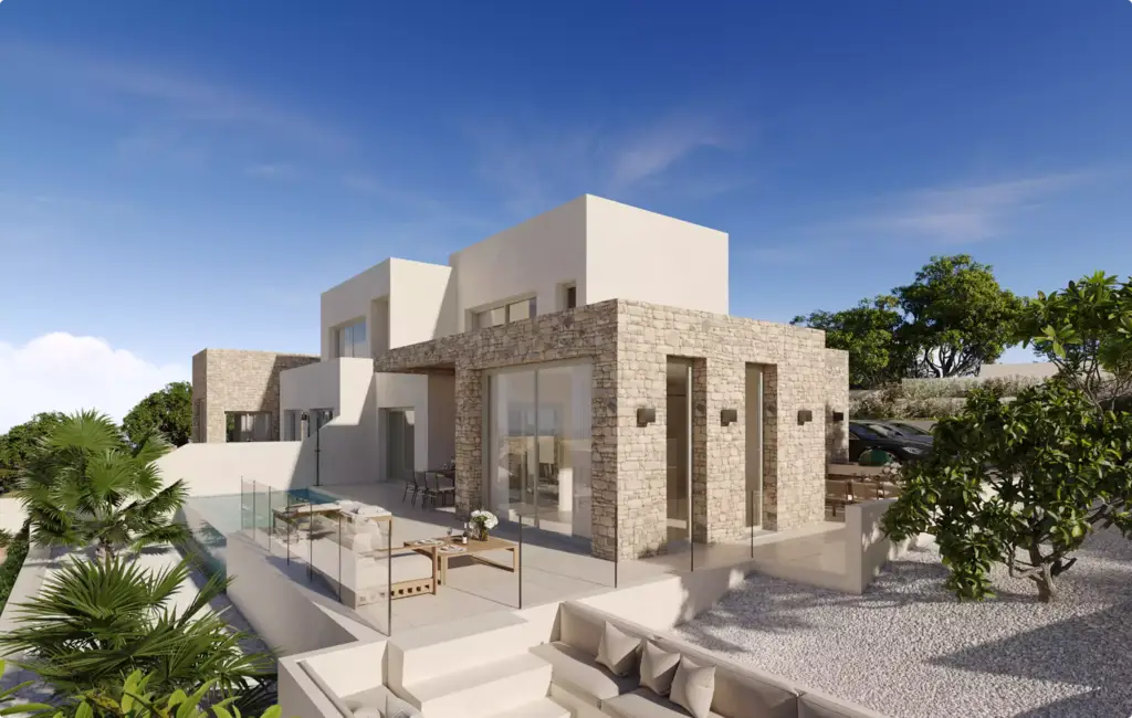 3D Residential Rendering Services for modern villa with stone facade and outdoor terrace
