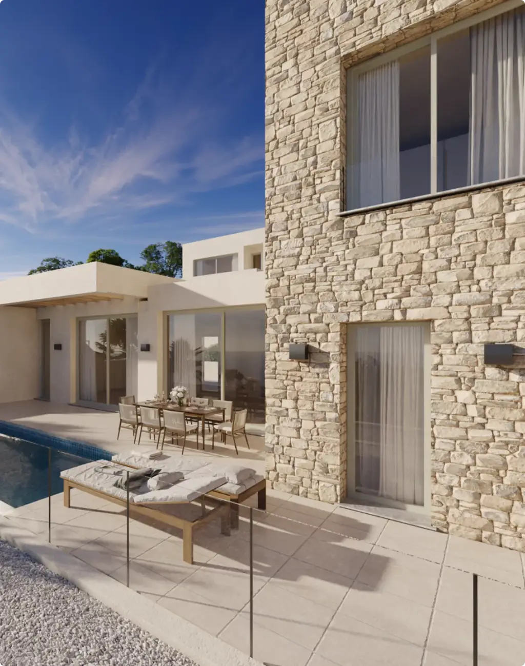 3D Residential Rendering Services showing modern villa with pool terrace and stone facade