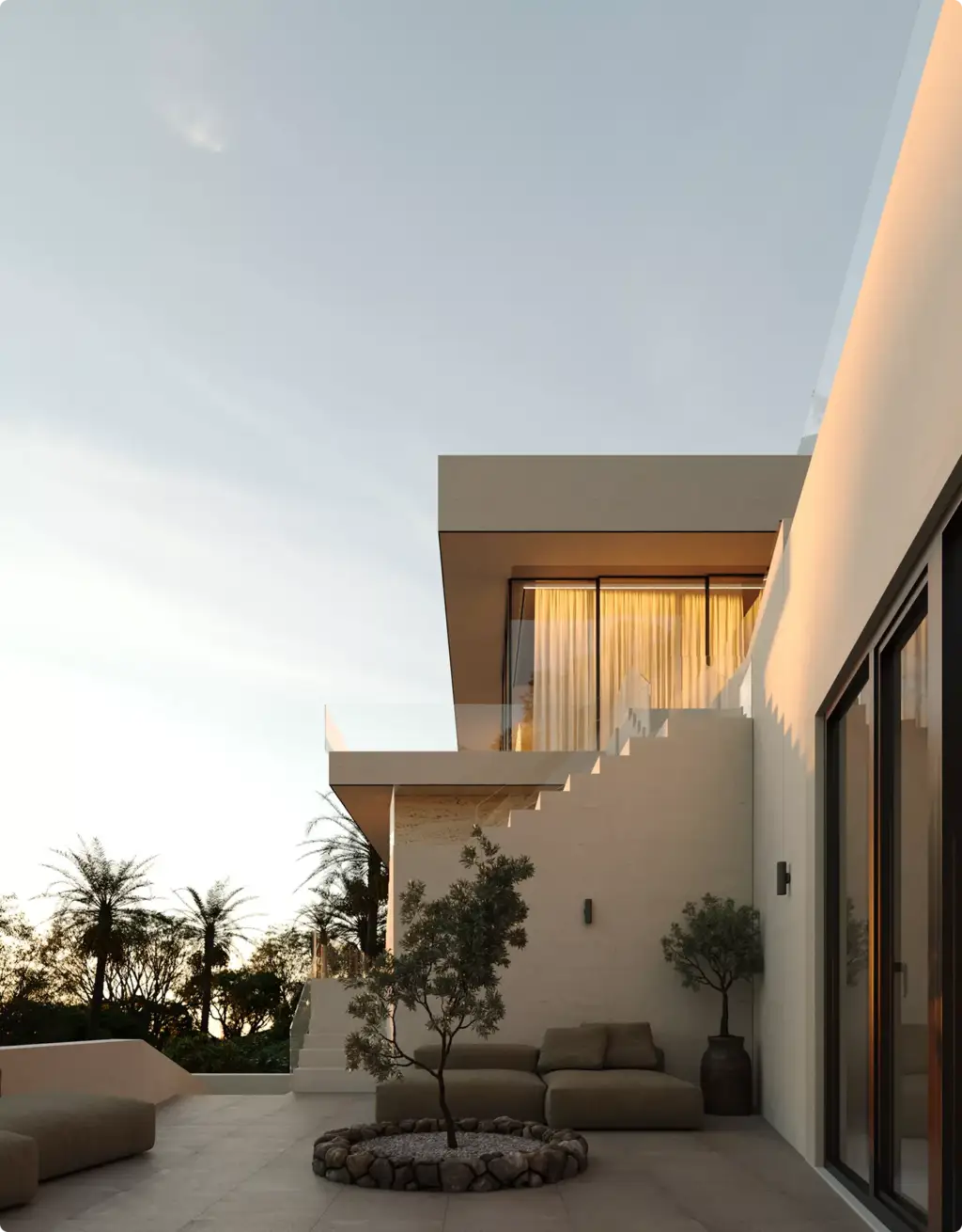3D Residential Rendering Services showing modern villa terrace with outdoor lounge seating