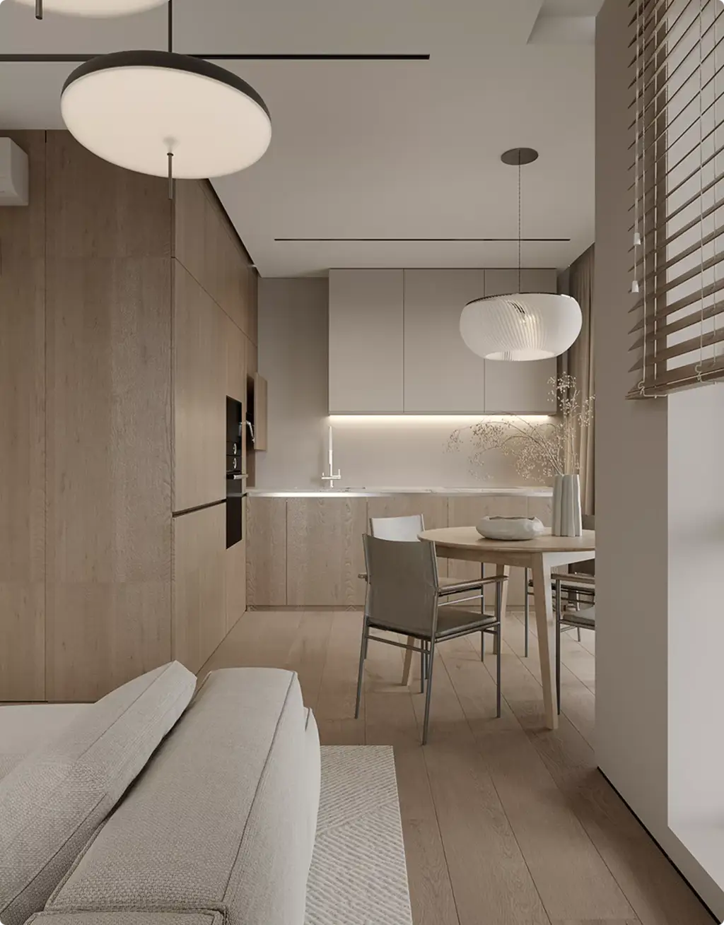 3D Residential Rendering Services featuring open kitchen and dining space with neutral tones