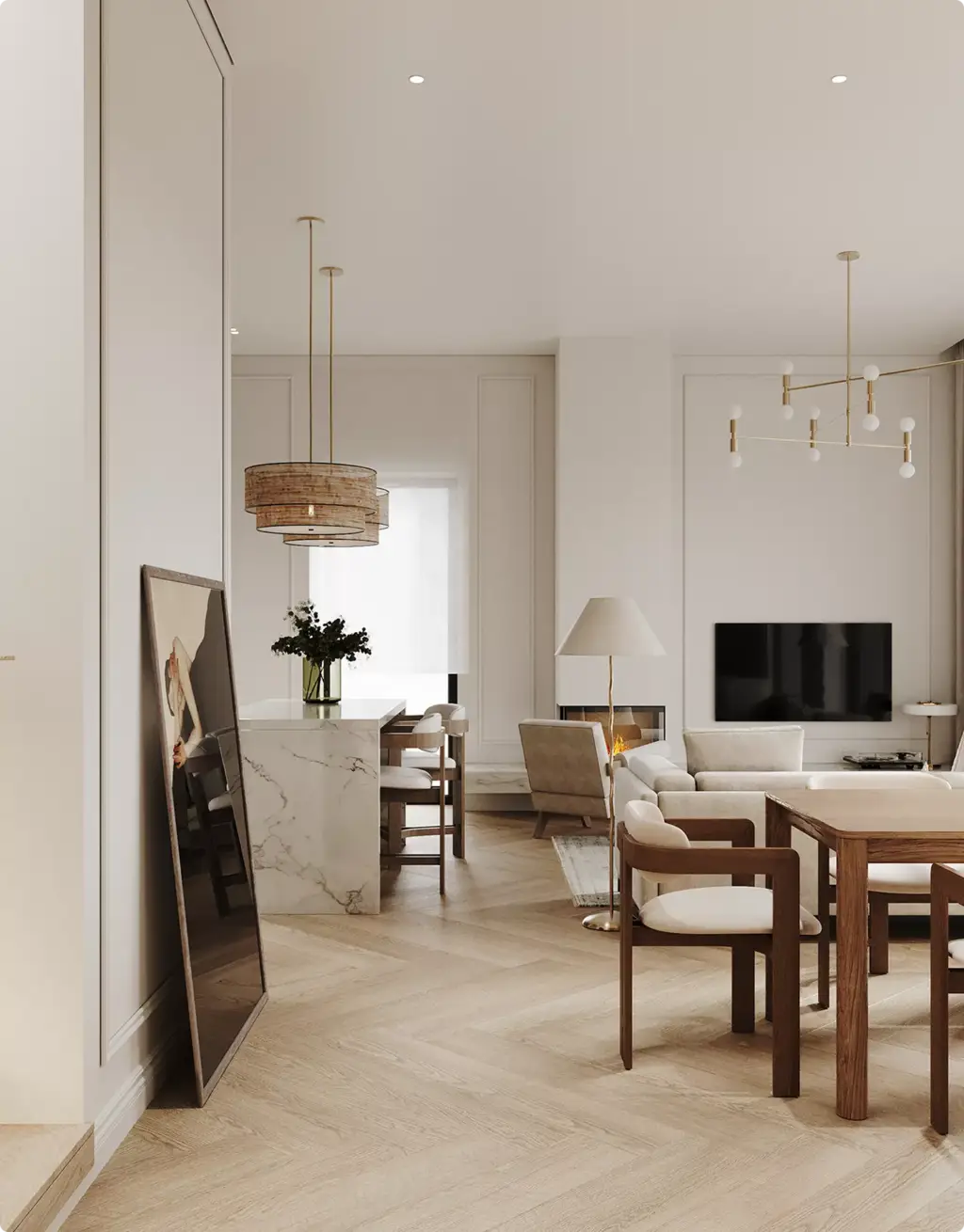 3D Residential Rendering Services showing open living and dining area with neutral decor