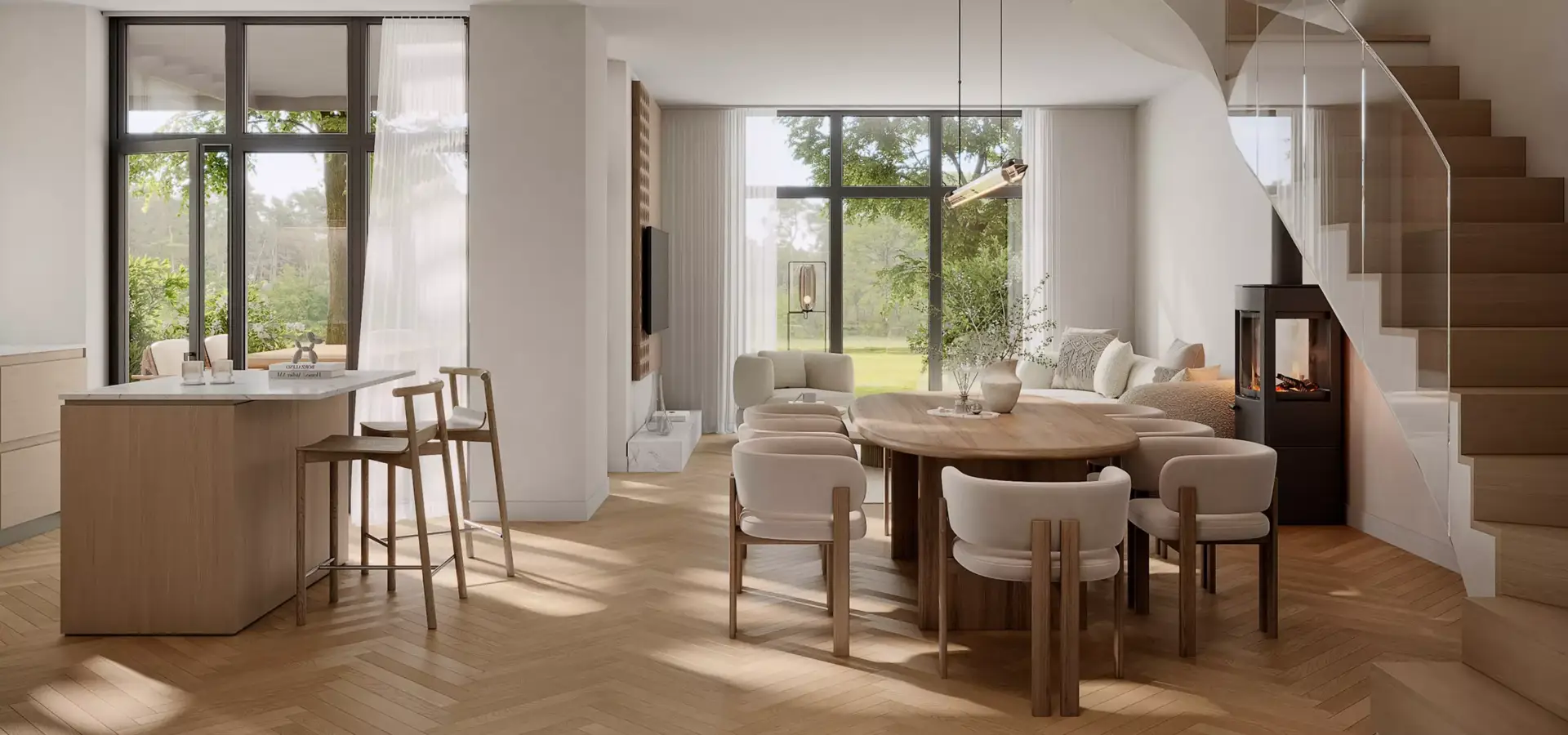 3D residential rendering services for an open-plan home interior with wood stairs, dining area, and tall windows