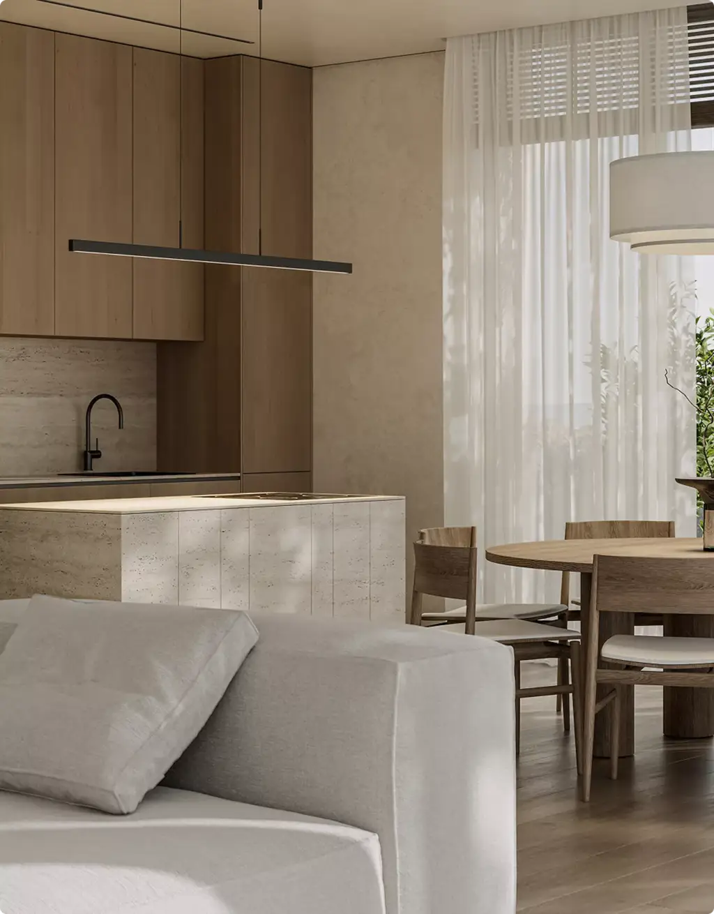 3D Residential Rendering Services for open-plan kitchen and dining area with natural materials