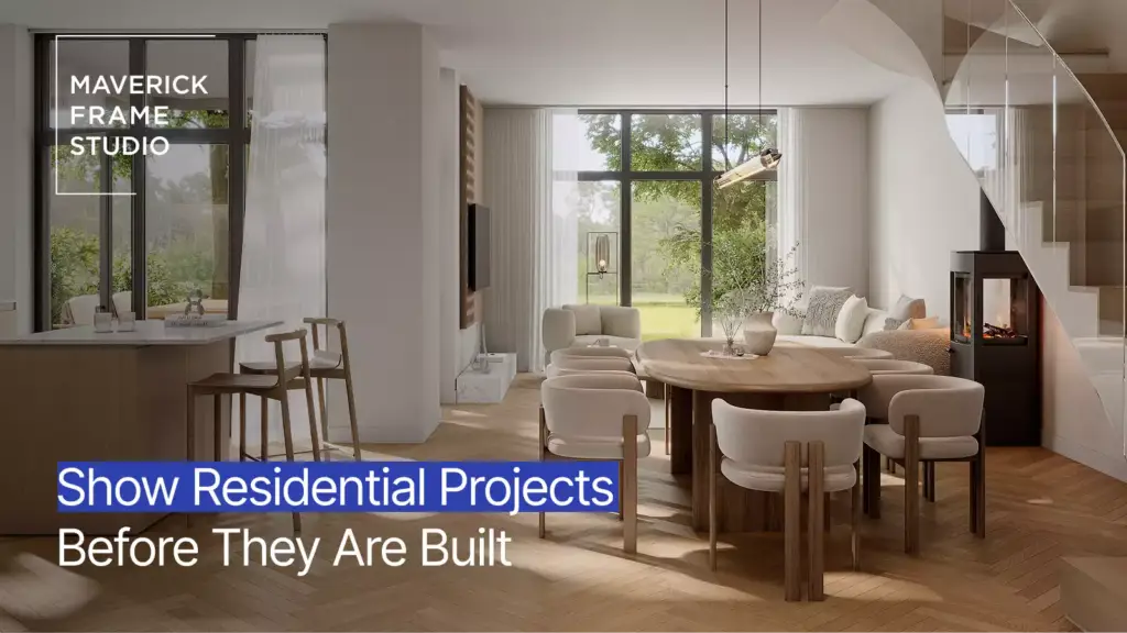 3D residential rendering services promo slide of open-plan interior with logo and project headline