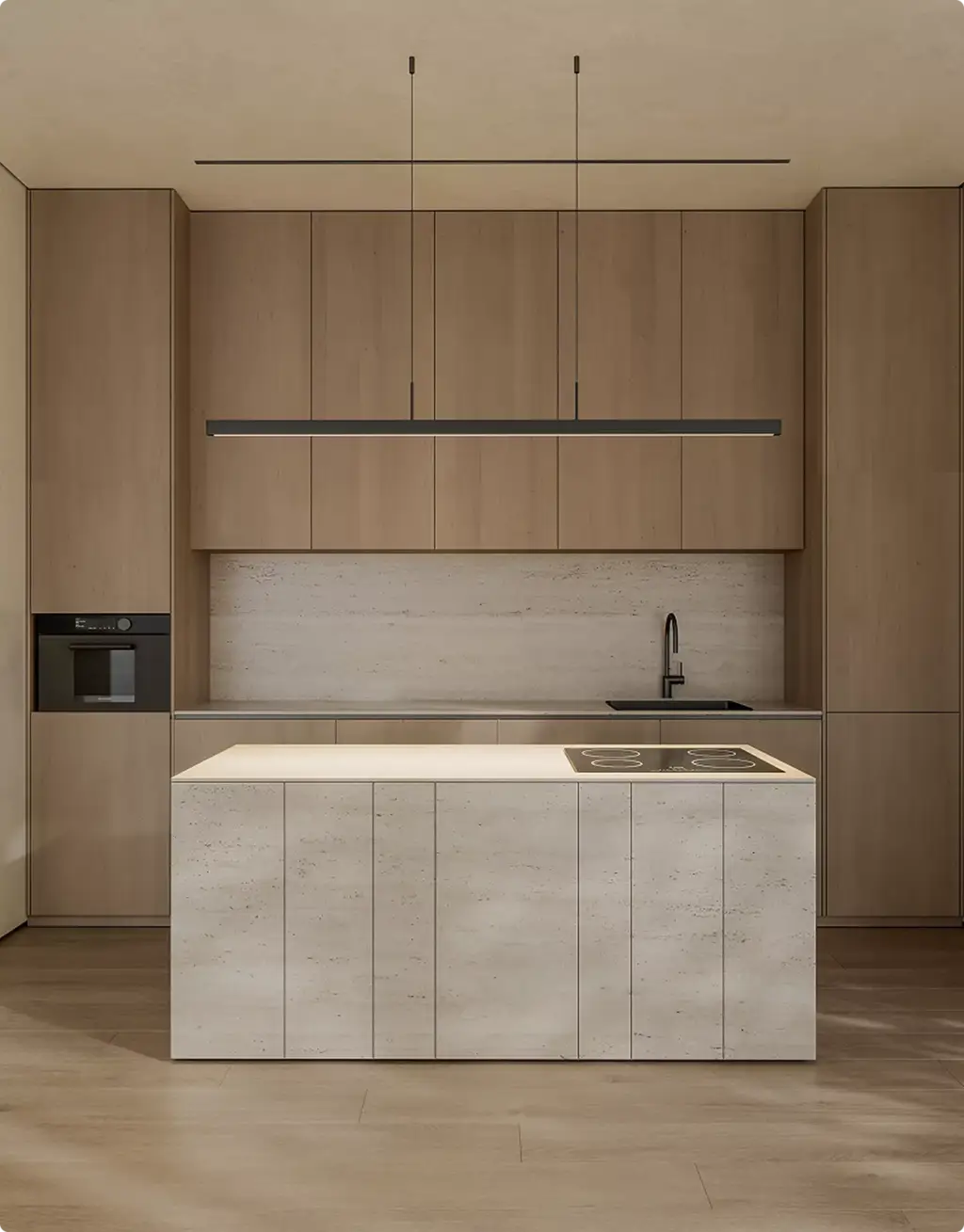3D Residential Rendering Services featuring minimalist kitchen with stone island and wood cabinetry