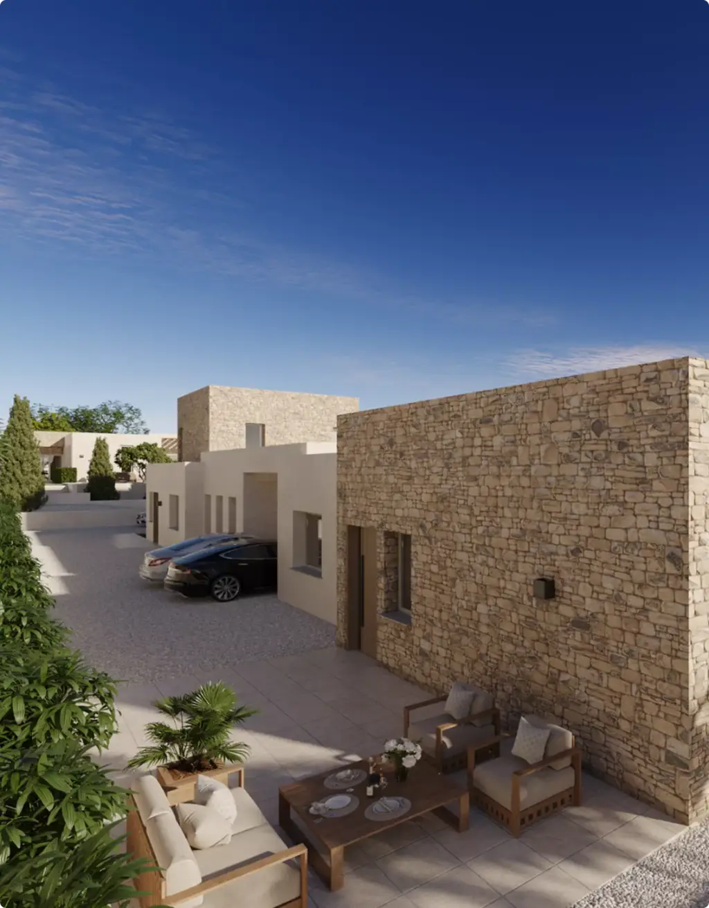 3D Residential Rendering Services for stone villas with outdoor patio seating and parked cars