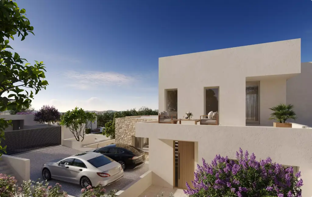 3D Residential Rendering Services for white modern villa with rooftop terrace and parked cars
