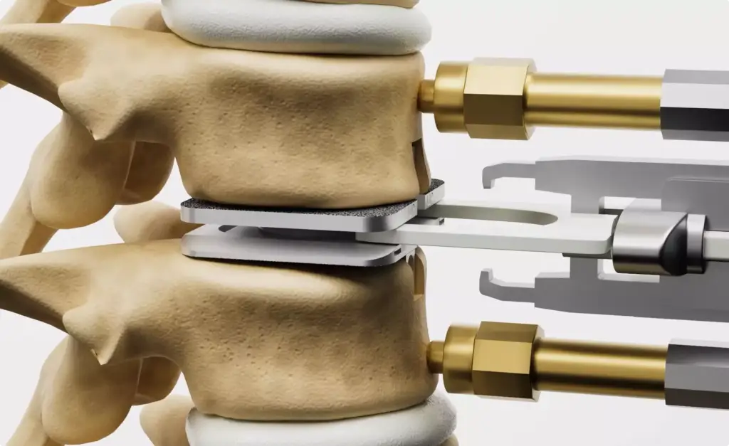 Surgical tool inserting implant into vertebra 3D Surgery animation procedure close up