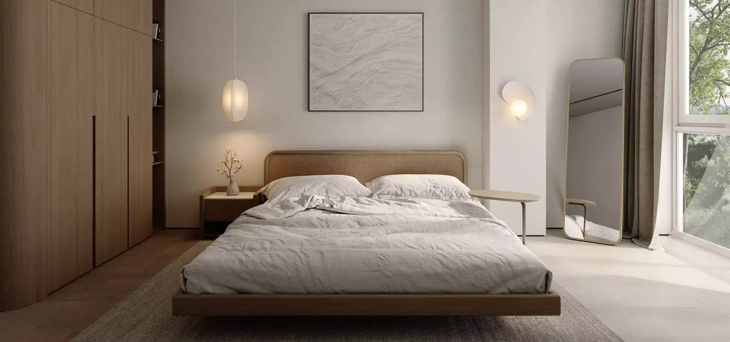 Minimalist Interior Design: Principles, Characteristics & How to Get the Look Minimalist bedroom 3D render with wood furniture, white bedding, and tall window