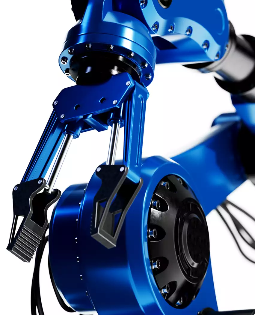 Six-axis robotic arm 3D animation still with blue arm detail