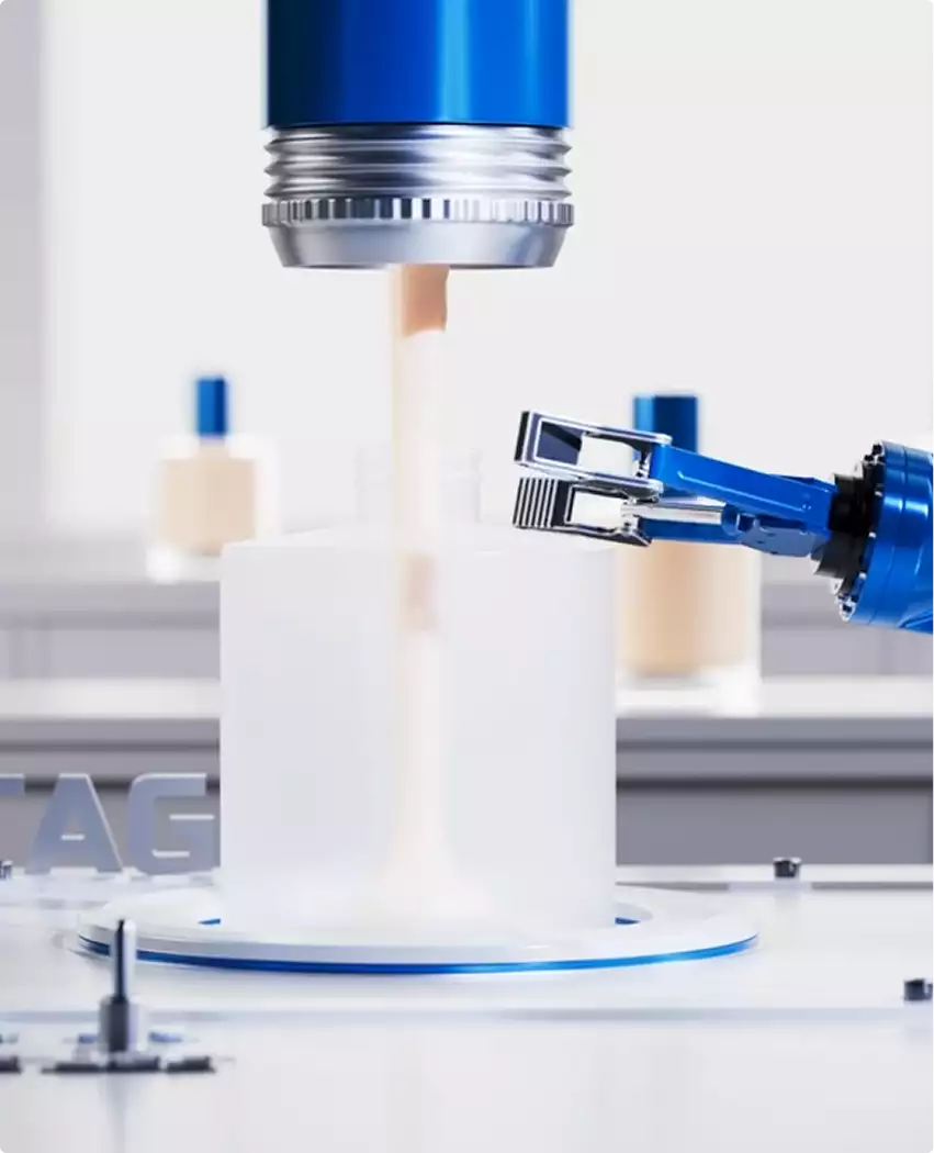 6-axis robot 3D animation of robotic arm dispensing material into cylinder on stage platform
