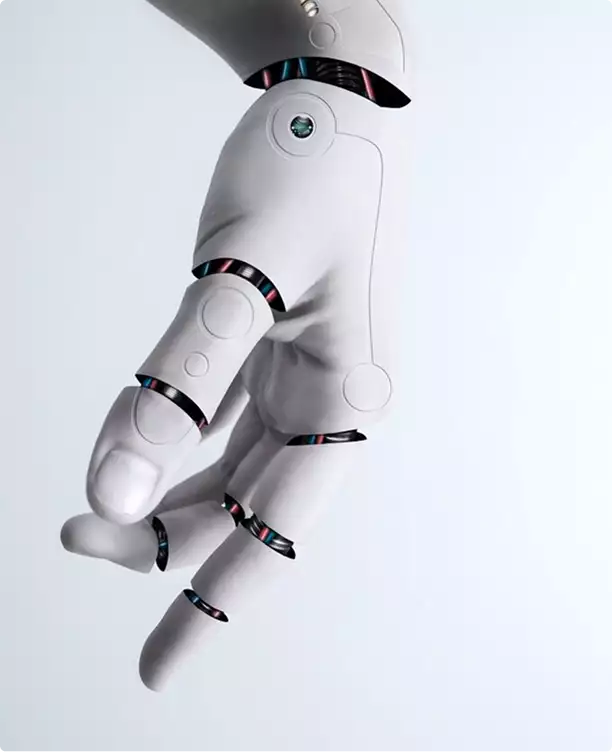 6-axis robot visualization of white robotic hand with articulated fingers and visible joint segments on plain background